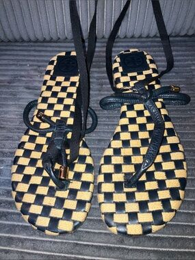 Tory Burch Black Leather and Tan Woven Gladiator Sandals